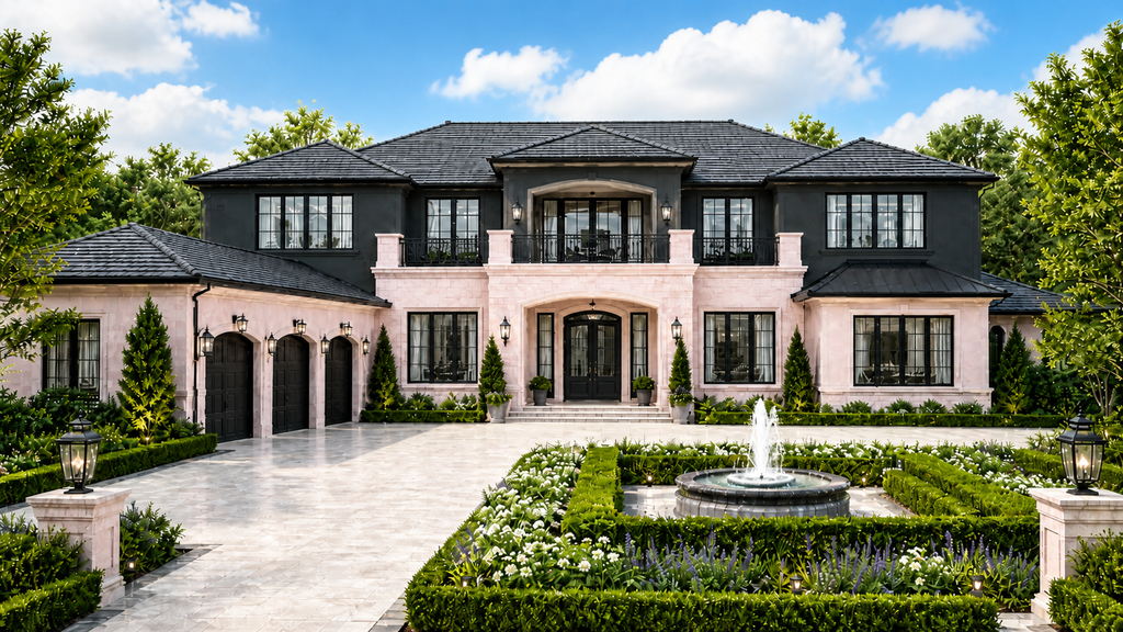 Rose Noir Courtyard Estate dark luxury house plan featuring dramatic black exterior, modern gothic architecture, private courtyard layout, elegant estate entry, and custom home design inspiration by Studio Aurelia Plans