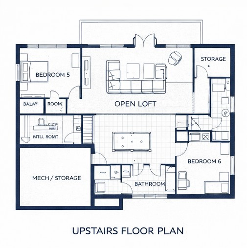 Upstairs floor plan of the Aurelia Grand house showing open loft, bedroom 5, bedroom 6, bathroom, storage, and mechanical room layout.