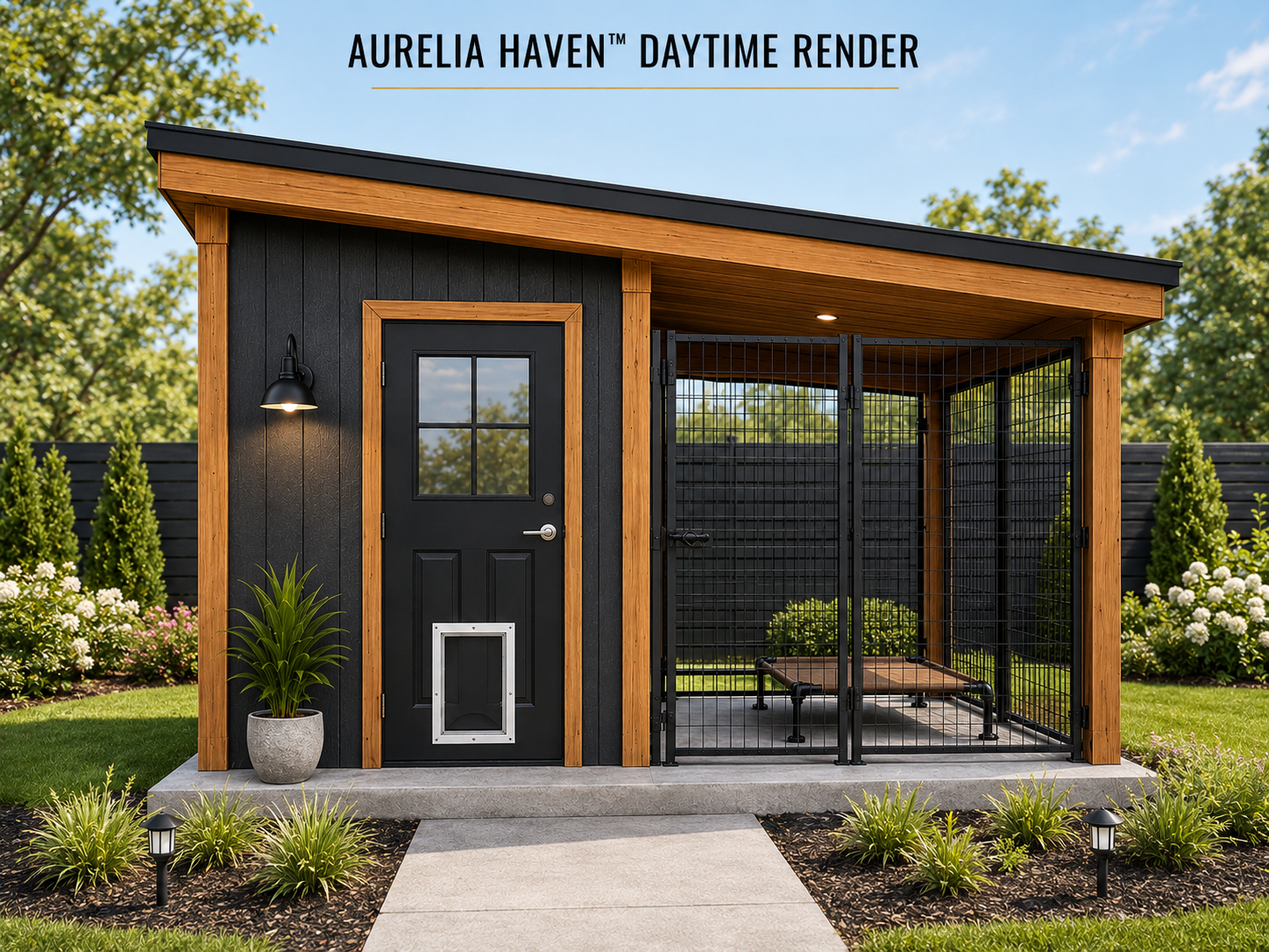 Aurelia Haven AH-1510 modern dog kennel daytime render with black vertical siding, cedar trim, black metal roof, covered outdoor dog run, doggie door, heavy-duty gate, concrete walkway, and premium backyard landscaping.
