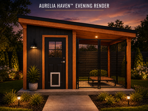 Daytime exterior render of the Aurelia Haven™ AH-1510 modern dog kennel blueprint concept featuring black siding, natural cedar trim, black metal roof, protected indoor dog room, covered outdoor dog run, doggie door access, concrete slab base, heavy-duty kennel gate, powder-coated panels, raised dog cot, exterior lighting, landscaped yard, and clean backyard walkway. This image shows the true exterior materials and modern luxury design style of the dog kennel package.