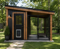 Aurelia Haven AH-1510 front perspective render of luxury modern dog kennel with black siding, cedar trim, black metal roof, human entry door, doggie door, covered outdoor run, secure kennel panels, and backyard walkway.