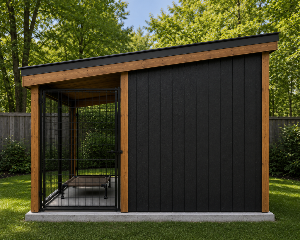 Aurelia Haven modern backyard dog kennel side perspective with covered outdoor run, powder-coated kennel panels, raised dog cot, black vertical siding, cedar posts, black metal roof, and durable concrete foundation.