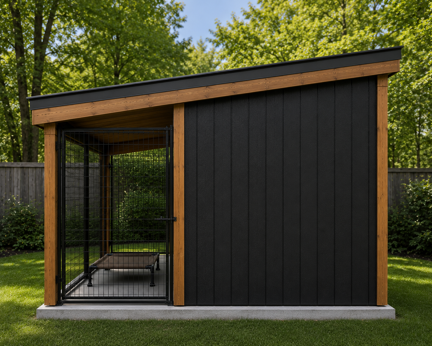 Aurelia Haven modern backyard dog kennel side perspective with covered outdoor run, powder-coated kennel panels, raised dog cot, black vertical siding, cedar posts, black metal roof, and durable concrete foundation.
