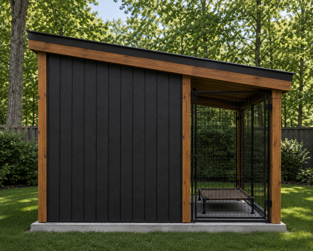 Aurelia Haven modern backyard dog kennel side perspective with covered outdoor run, powder-coated kennel panels, raised dog cot, black vertical siding, cedar posts, black metal roof, and durable concrete foundation.