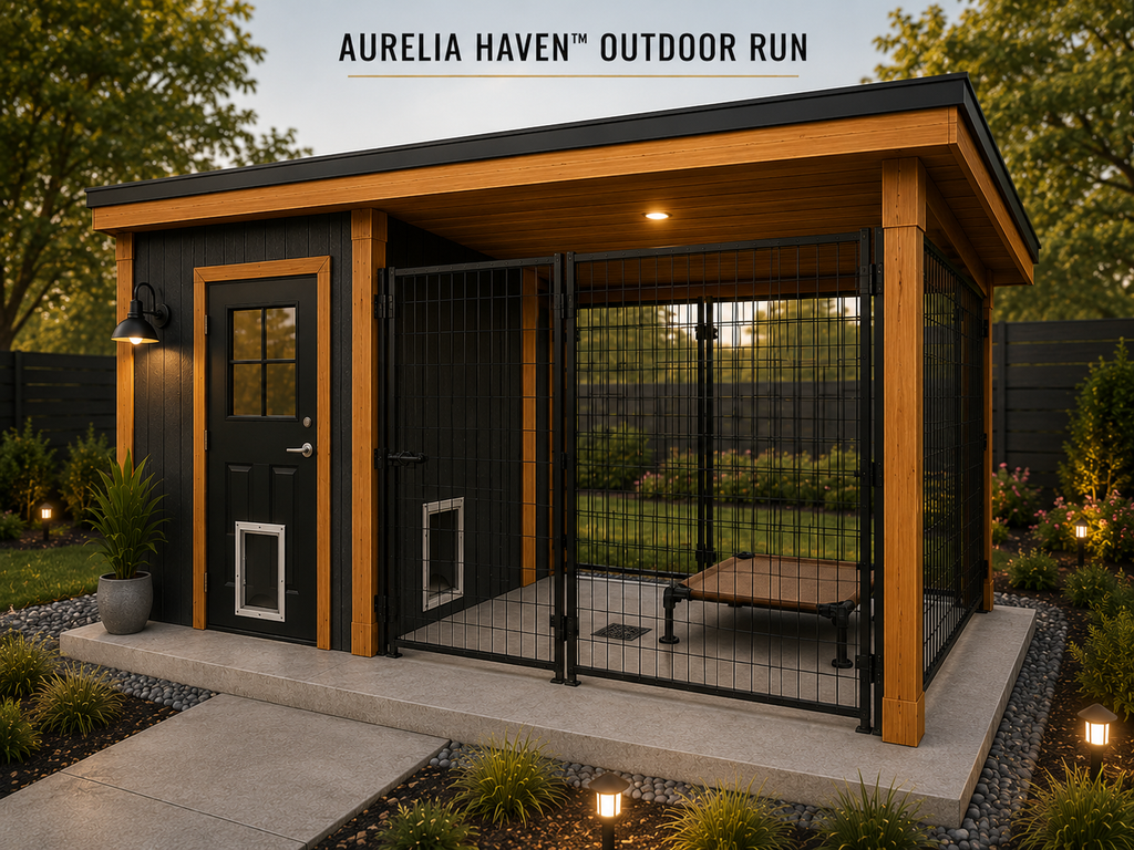 Aurelia Haven covered outdoor dog run render with powder-coated kennel panels, heavy-duty gate, secure latch, concrete floor, cedar posts, black siding, raised cot, and modern dog kennel construction concept.