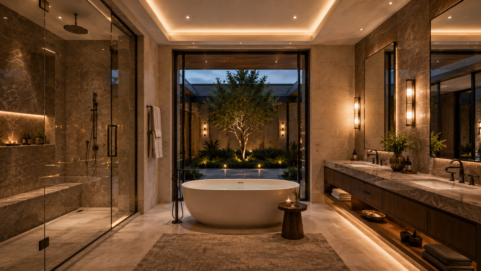 Luxurious bathroom with a freestanding bathtub, walk-in shower, and large mirror. Modern H-shaped courtyard mansion blueprint with original and reversed house plan options, luxury pool courtyard, indoor-outdoor living spaces, glass bridge feature, exterior elevations, and premium concept design package.