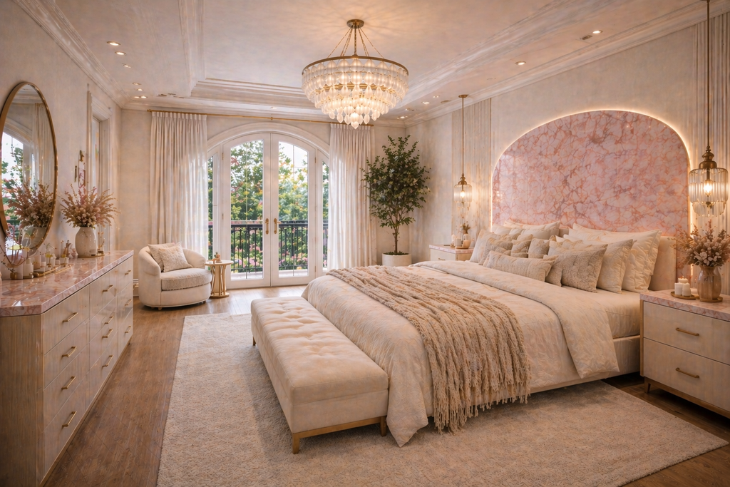 Rose Noir Estate primary bedroom with dark luxury interior design, romantic moody style, elegant custom home details, and modern gothic master suite inspiration