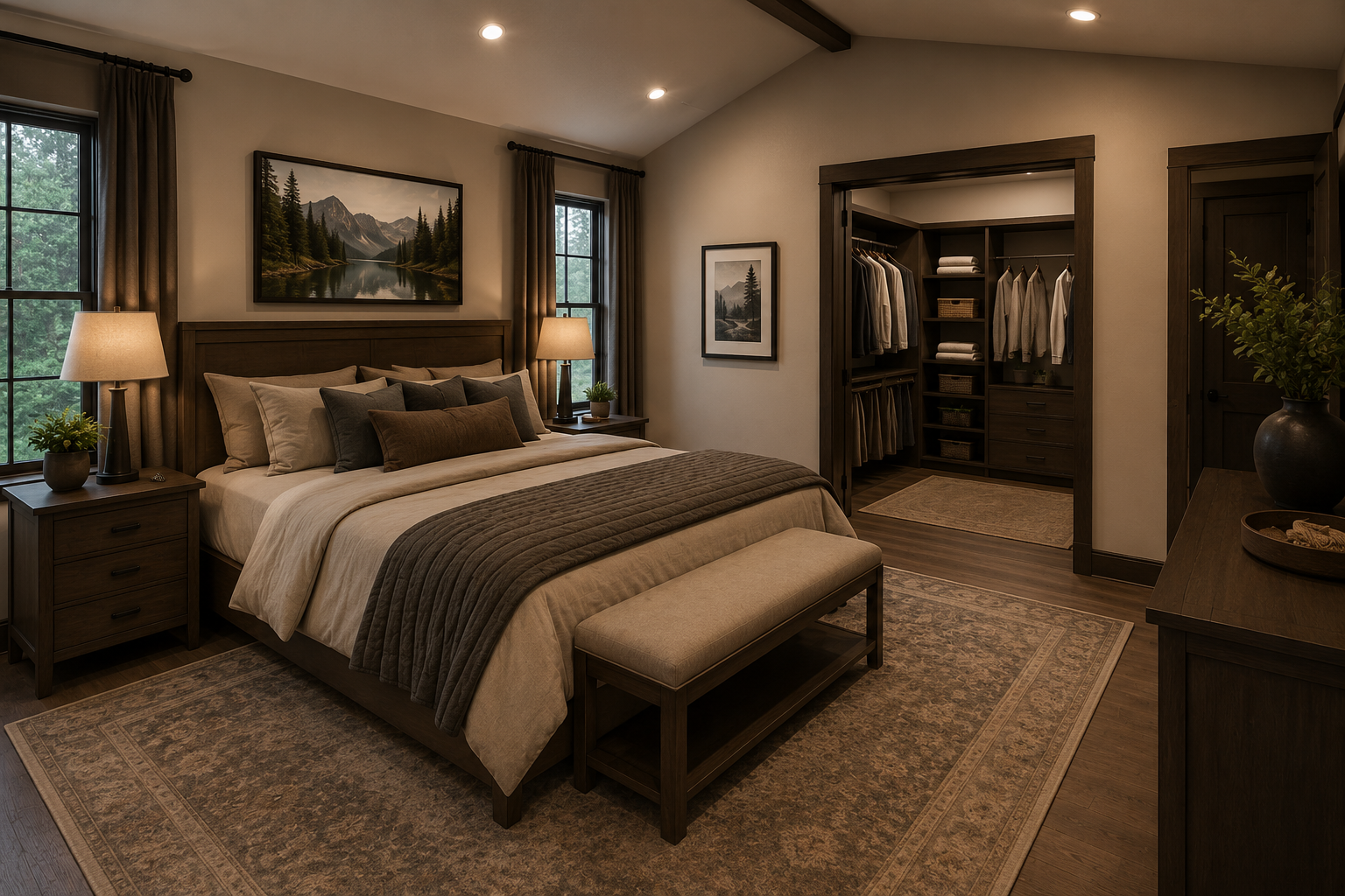Master bedroom with bed, nightstands, and a walk-in closet. Own One of the Most Distinctive Luxury Estate Concepts Available Today — Featuring a Grand Glass Atrium, Waterfall Entry Experience, Resort-Level Amenities, and Over 18,500 Square Feet of Architectural Excellence.