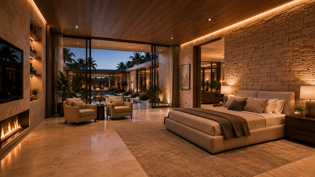 Modern bedroom with a view of a pool and garden at night. Original Helio Span House interior concept board showing grand foyer, living room, kitchen, dining area, office, bedroom suite, warm modern finishes, courtyard views, and luxury home design inspiration.