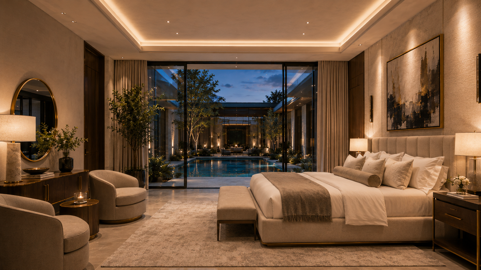 Luxurious bedroom with a view of a pool and garden at night. Modern H-shaped courtyard mansion blueprint with original and reversed house plan options, luxury pool courtyard, indoor-outdoor living spaces, glass bridge feature, exterior elevations, and premium concept design package.