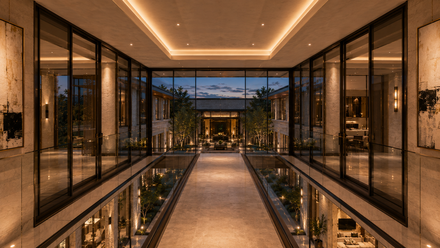 Luxurious interior of a modern building with glass walls and ceiling. Original Helio Span House exterior rendering showing a luxury modern courtyard residence with stone cladding, glass bridge connection, pool axis, fire pit lounge, indoor-outdoor living, and contemporary mansion architecture.