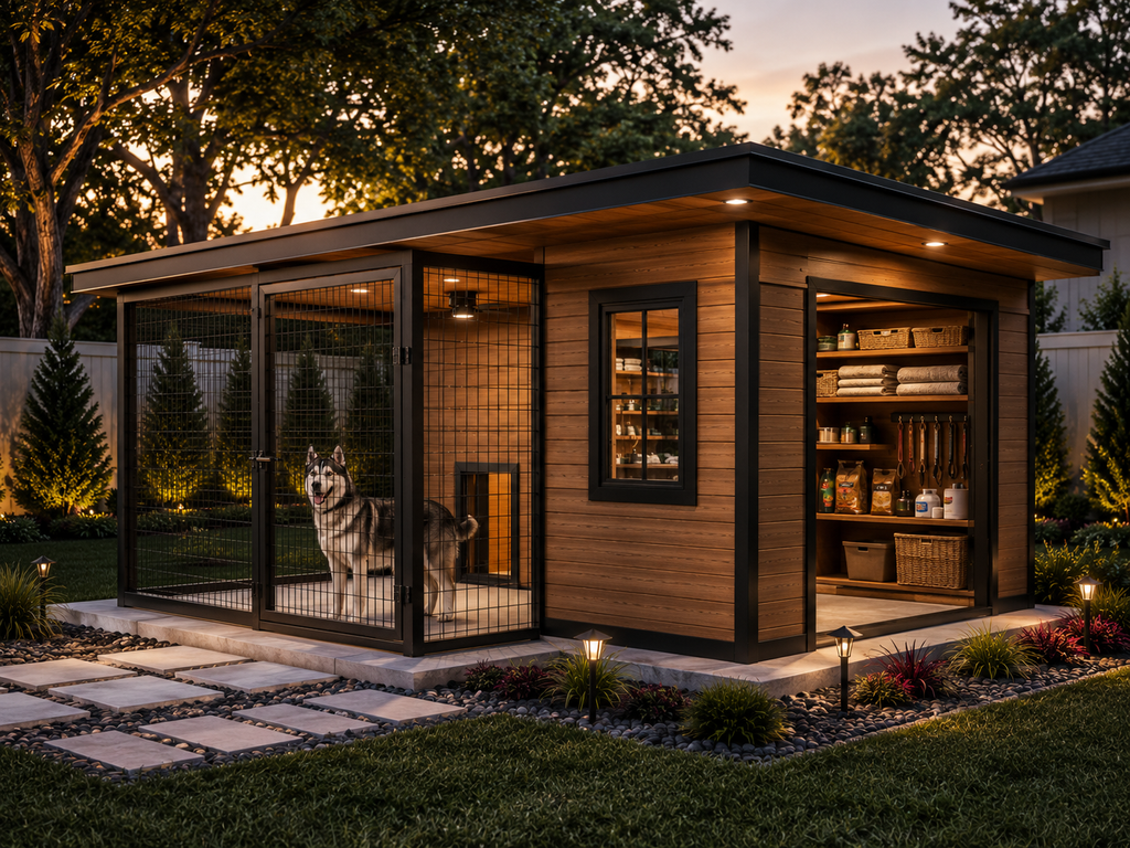 Climate controlled dog kennel concept with insulated indoor shelter, covered outdoor dog run, black kennel panels, storage area, automatic feeder, and luxury pet enclosure.