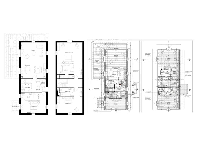 Architectural blueprint drawings showing detailed construction plans and floor layouts.