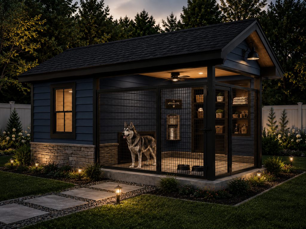 Create a light blue coastal dog kennel with black metal run, covered outdoor enclosure, indoor shelter, stone foundation, storage nook, and optional automatic feeder design.
