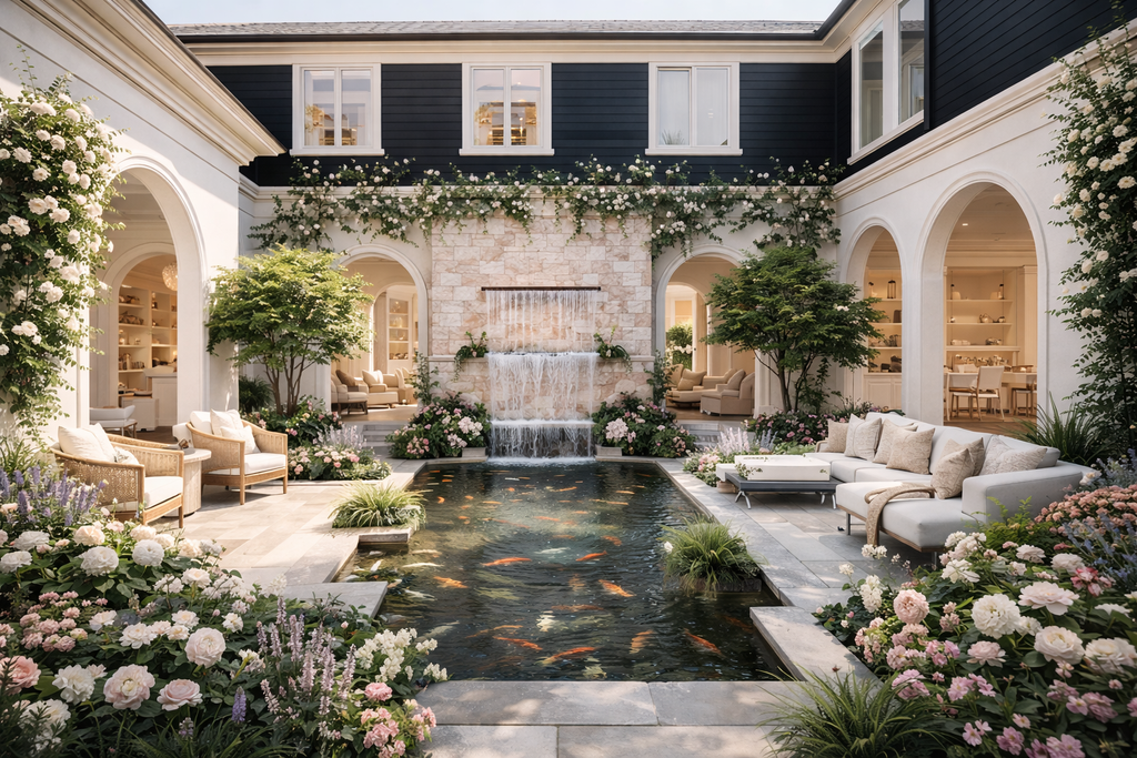 Private courtyard design at Rose Noir Courtyard Estate featuring luxury outdoor living, dark romantic architecture, elegant garden layout, modern gothic home style, and upscale courtyard house plan inspiration