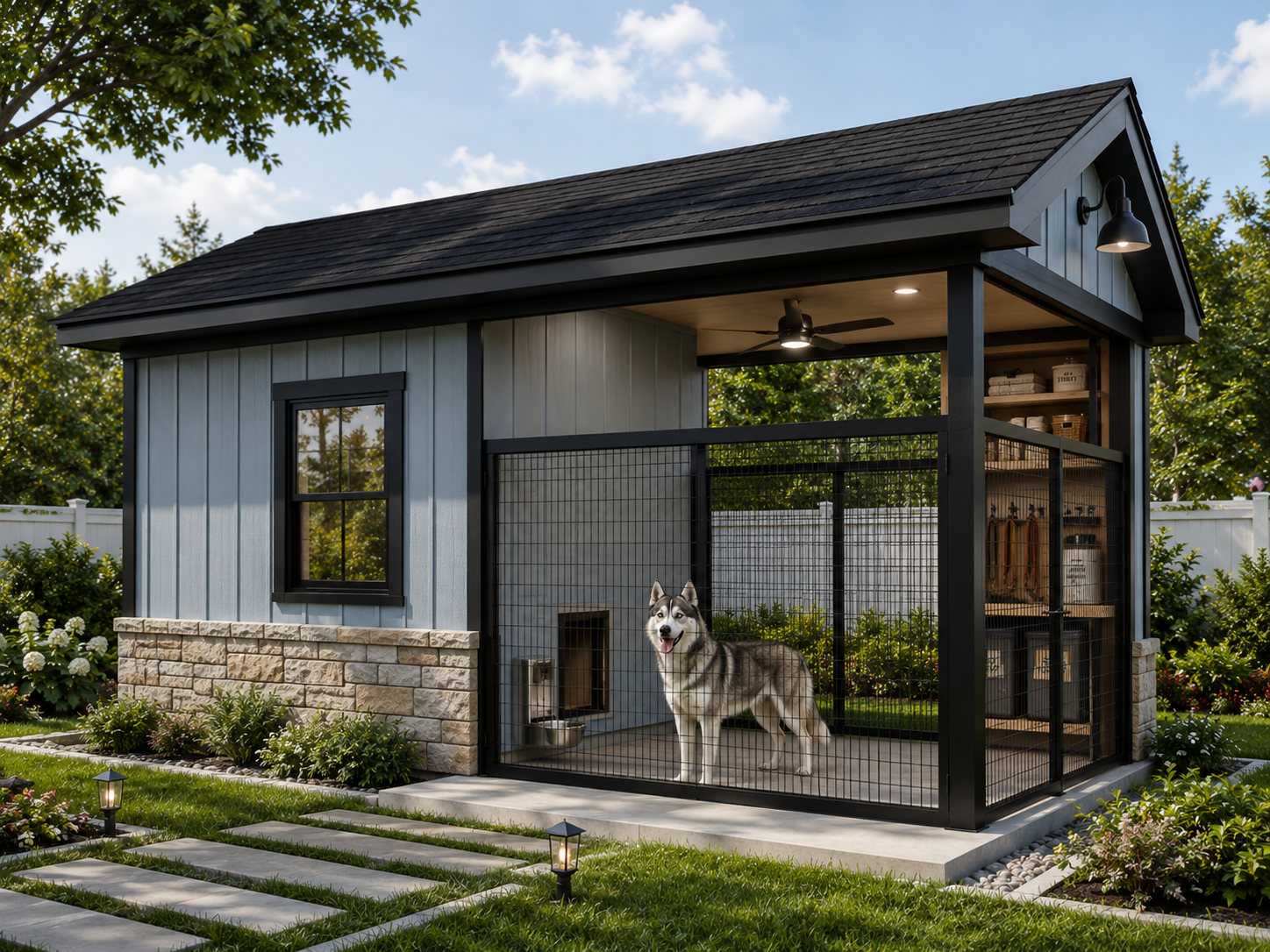 Siberian husky kennel with enclosed black metal dog run, insulated indoor shelter, covered roof, storage nook, stone foundation, and luxury backyard landscaping.