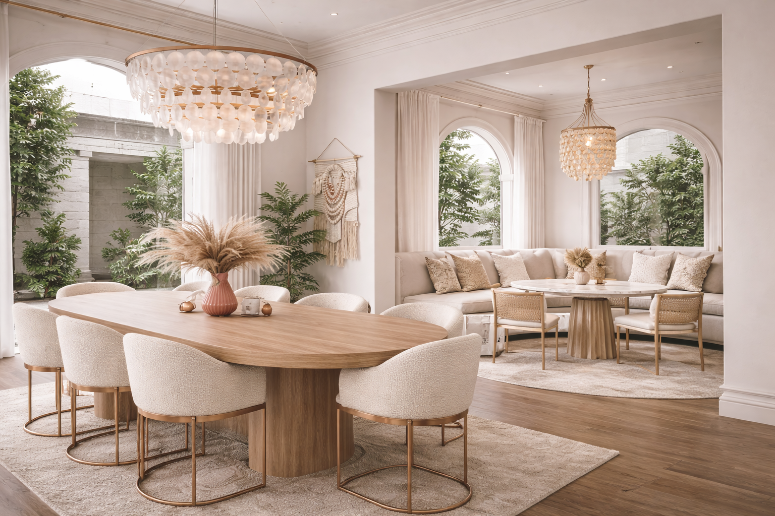 Dramatic formal dining room in dark luxury estate home with elegant lighting, moody walls, sophisticated furniture, and romantic courtyard house interior design