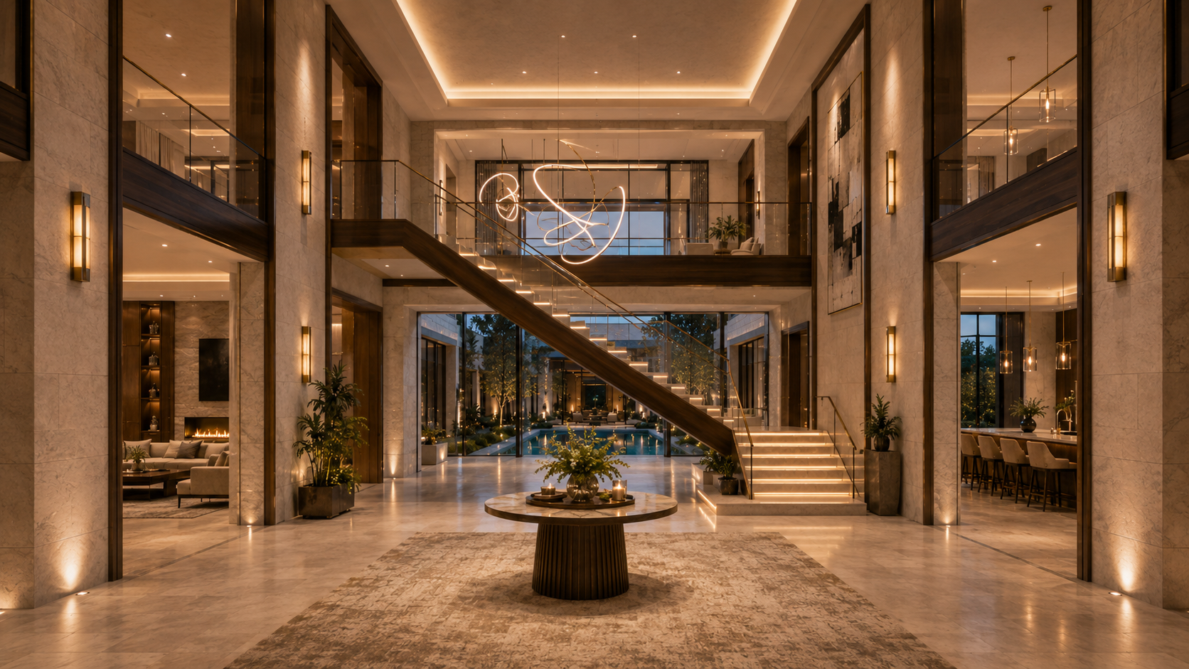 Original vs Reversed Helio Span House luxury home plan comparison showing modern courtyard mansion design, mirrored floor plan layout, dramatic front elevation, pool courtyard, glass bridge, and premium architectural blueprint presentation.