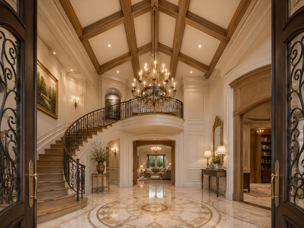 Luxurious interior of a mansion with high ceilings, chandelier, and marble floors. Magnolia Estate Manor premium conceptual blueprint PDF for a luxury 7-bedroom mansion with floor plans, elevations, site plan, and renderings.