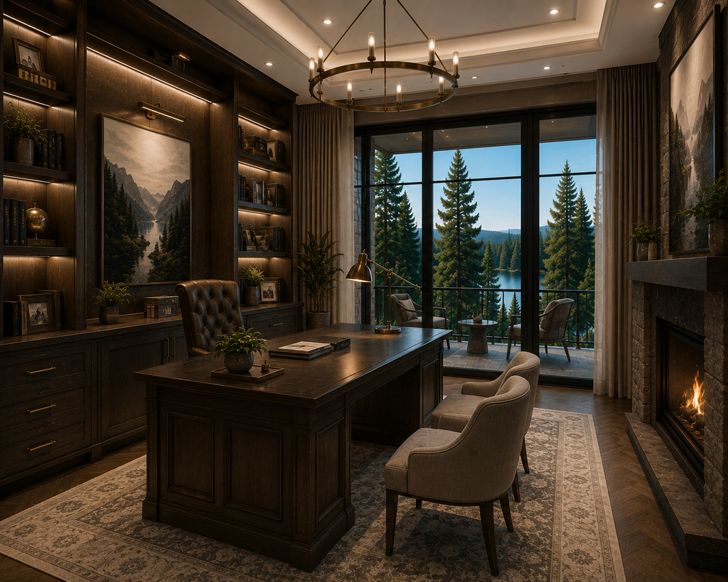 Luxurious home office with wooden desk, chairs, and large windows overlooking a forest. Own One of the Most Distinctive Luxury Estate Concepts Available Today — Featuring a Grand Glass Atrium, Waterfall Entry Experience, Resort-Level Amenities, and Over 18,500 Square Feet of Architectural Excellence.