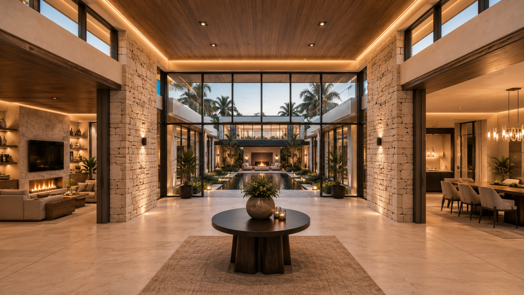 Luxurious interior of a modern home with stone walls, large windows, and a central table. Helio Span House package highlights graphic showing original and reversed conceptual floor plans, luxury courtyard residence, interior and exterior inspiration, structural concept drawings, and presentation-ready blueprint package.