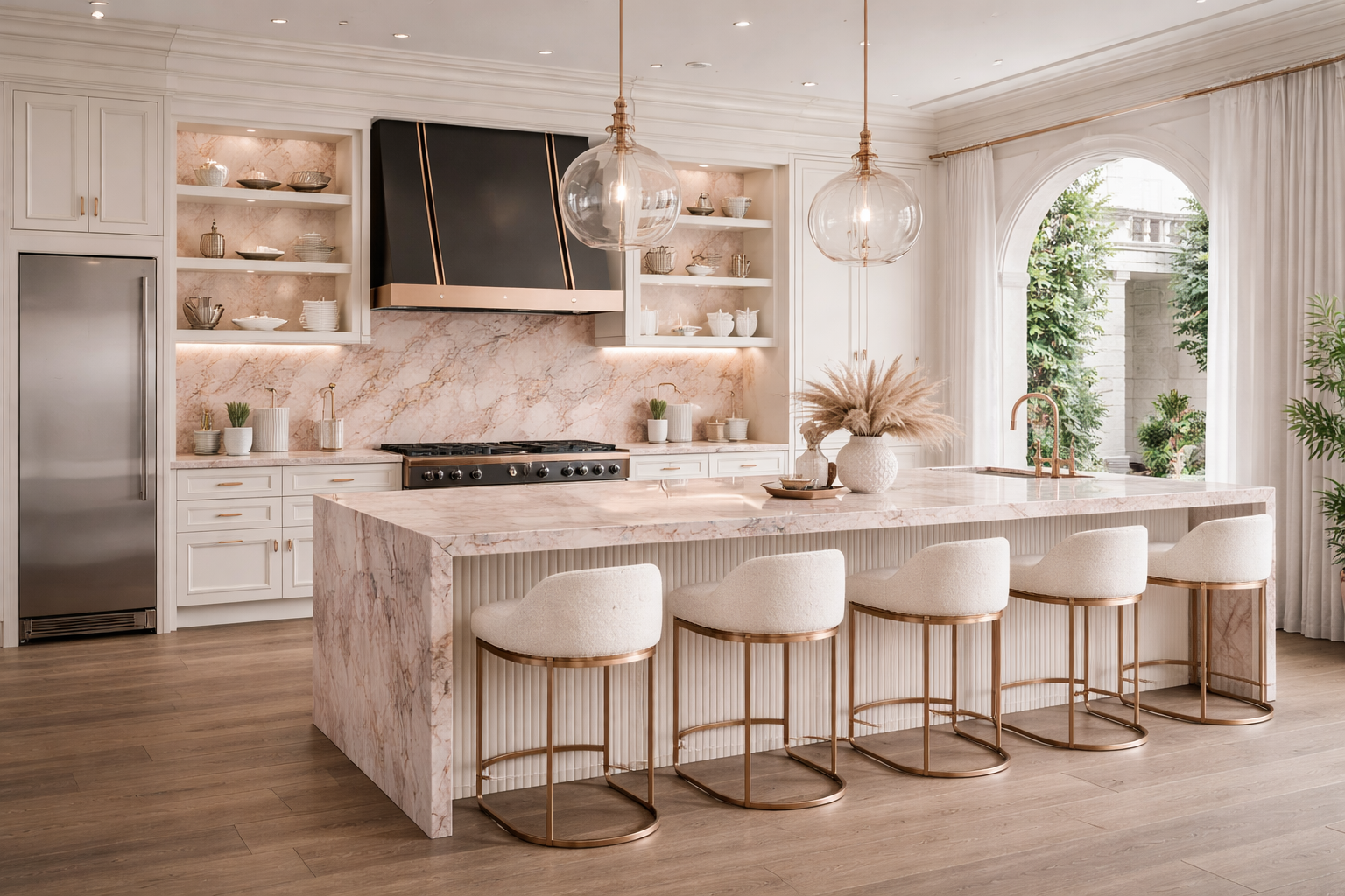 Rose Noir Estate luxury kitchen design with elegant dark finishes, custom cabinetry, high-end island layout, moody interior style, and modern gothic dream home inspiration