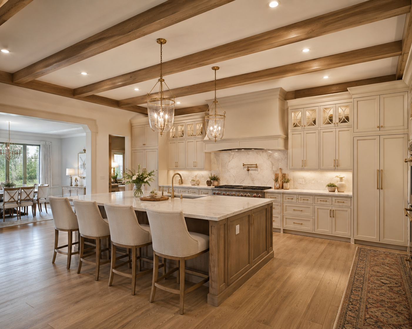 Modern kitchen with wooden beams, white cabinets, and a marble island. High-end luxury home exterior rendering for Magnolia Estate Manor conceptual blueprint and estate planning system.