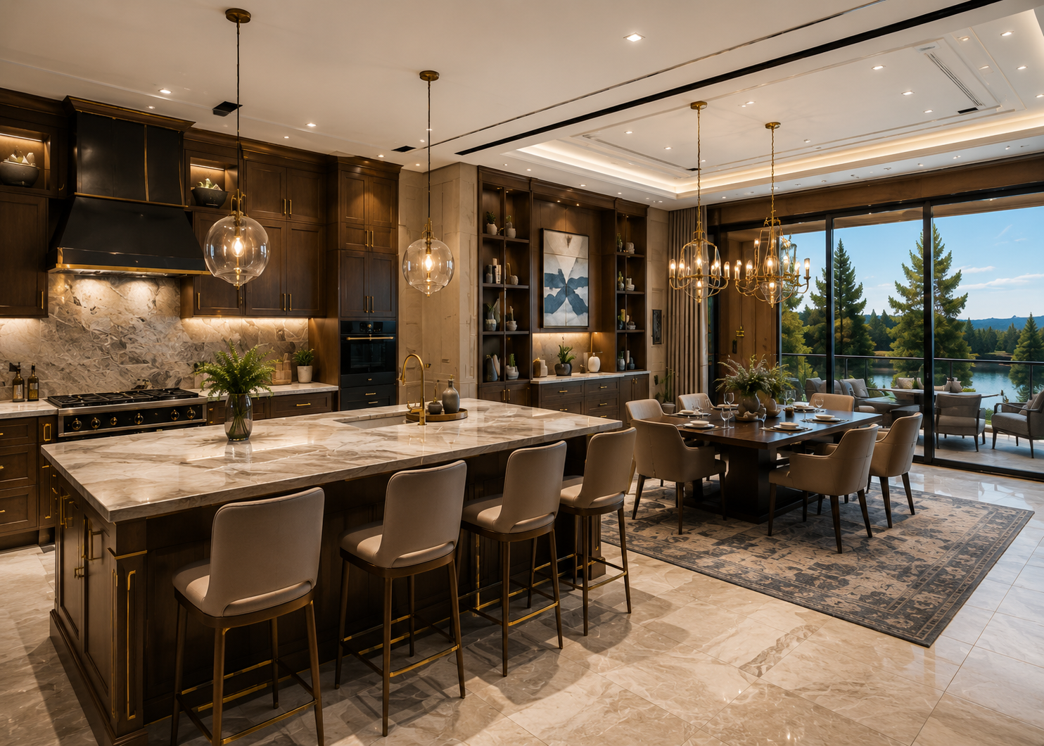 Modern kitchen and dining area with marble countertops and large windows. Own One of the Most Distinctive Luxury Estate Concepts Available Today — Featuring a Grand Glass Atrium, Waterfall Entry Experience, Resort-Level Amenities, and Over 18,500 Square Feet of Architectural Excellence.