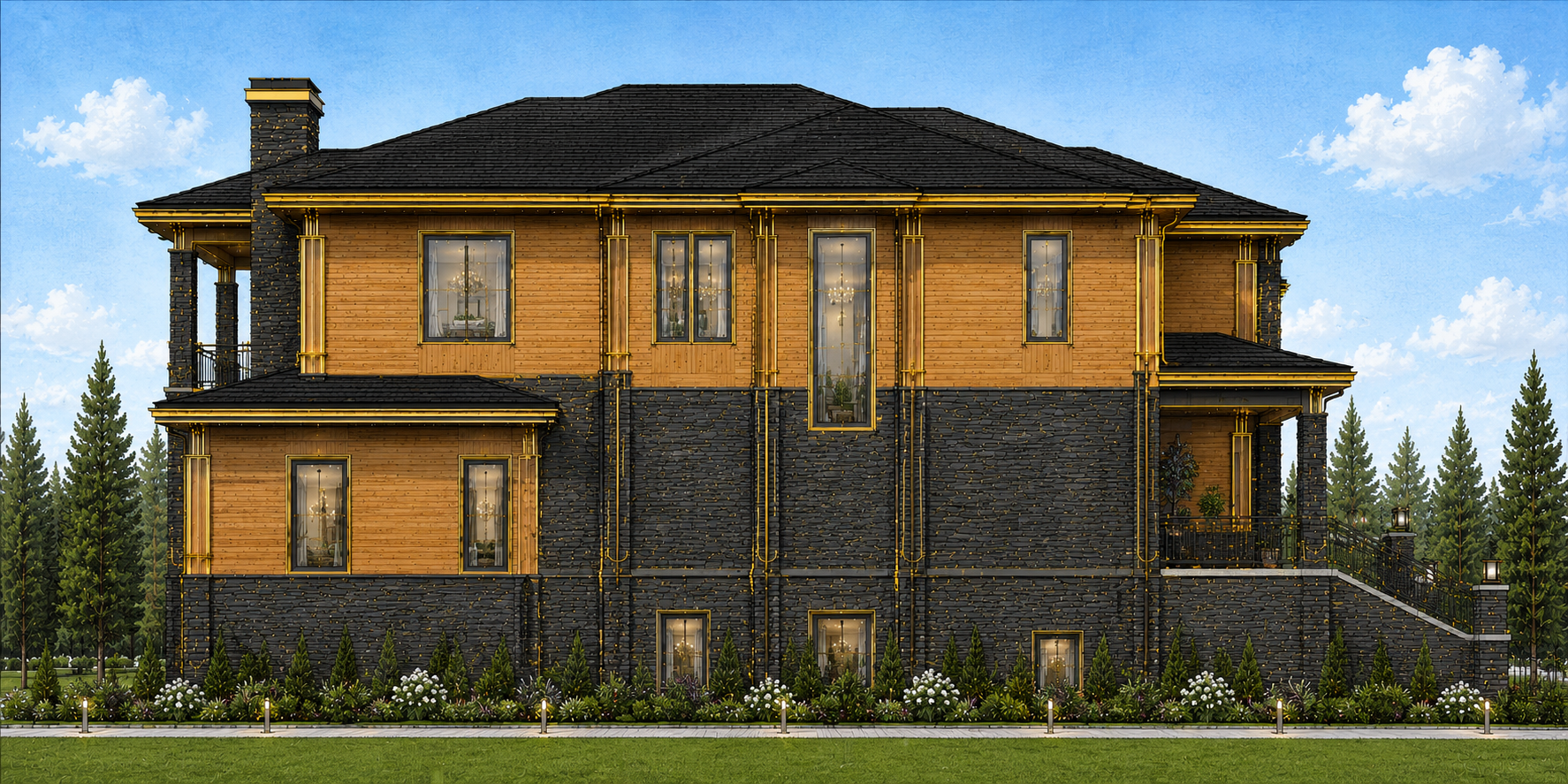 Two-story house with wooden exterior and black accents on a clear day. Own One of the Most Distinctive Luxury Estate Concepts Available Today — Featuring a Grand Glass Atrium, Waterfall Entry Experience, Resort-Level Amenities, and Over 18,500 Square Feet of Architectural Excellence.