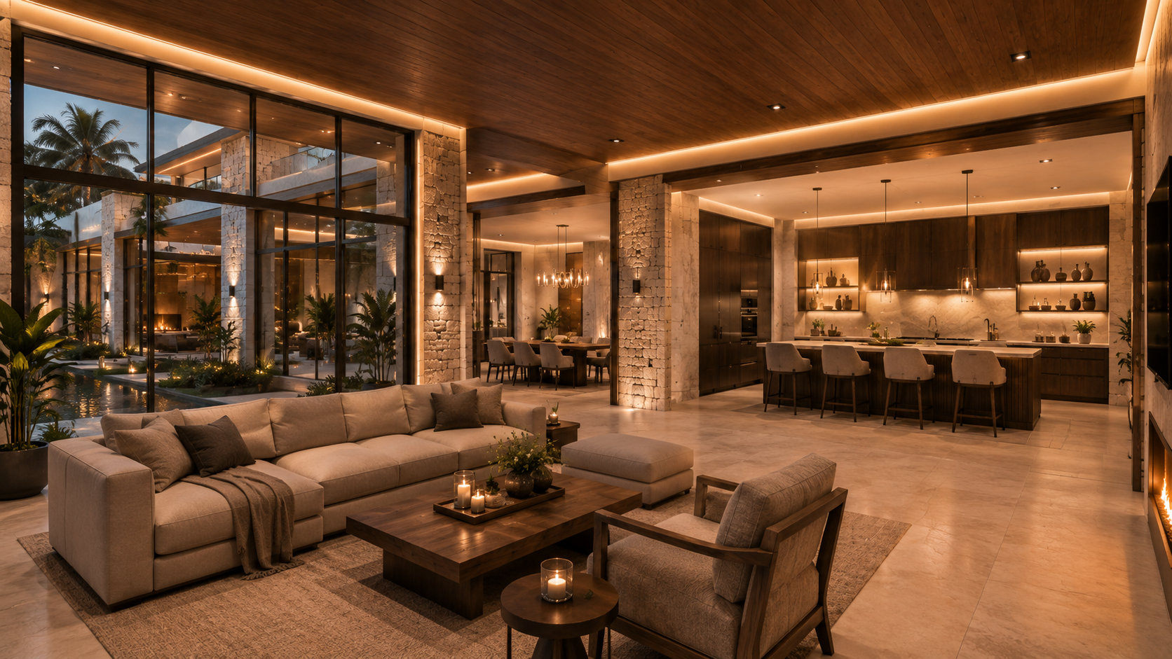 Modern living room with a large sectional sofa, coffee table, and decorative elements. Helio Span House package highlights graphic showing original and reversed conceptual floor plans, luxury courtyard residence, interior and exterior inspiration, structural concept drawings, and presentation-ready blueprint package.