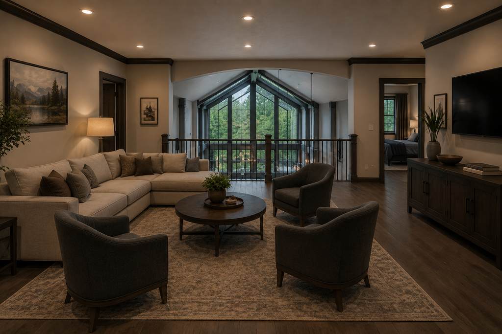 Living room with sectional sofa, armchairs, and a coffee table. Own One of the Most Distinctive Luxury Estate Concepts Available Today — Featuring a Grand Glass Atrium, Waterfall Entry Experience, Resort-Level Amenities, and Over 18,500 Square Feet of Architectural Excellence.