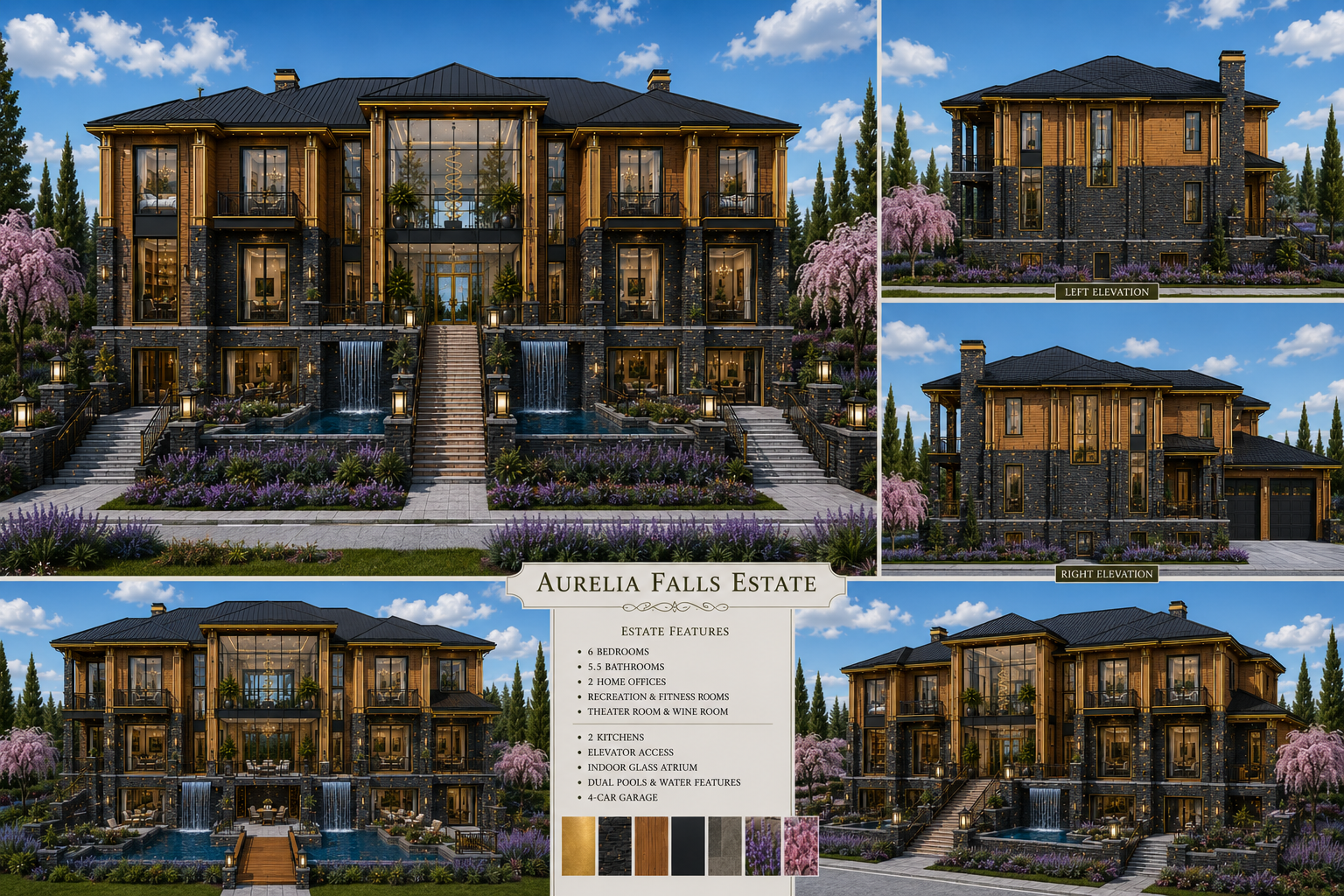 Collage of a luxurious mansion with architectural details and features displayed. Own One of the Most Distinctive Luxury Estate Concepts Available Today — Featuring a Grand Glass Atrium, Waterfall Entry Experience, Resort-Level Amenities, and Over 18,500 Square Feet of Architectural Excellence.