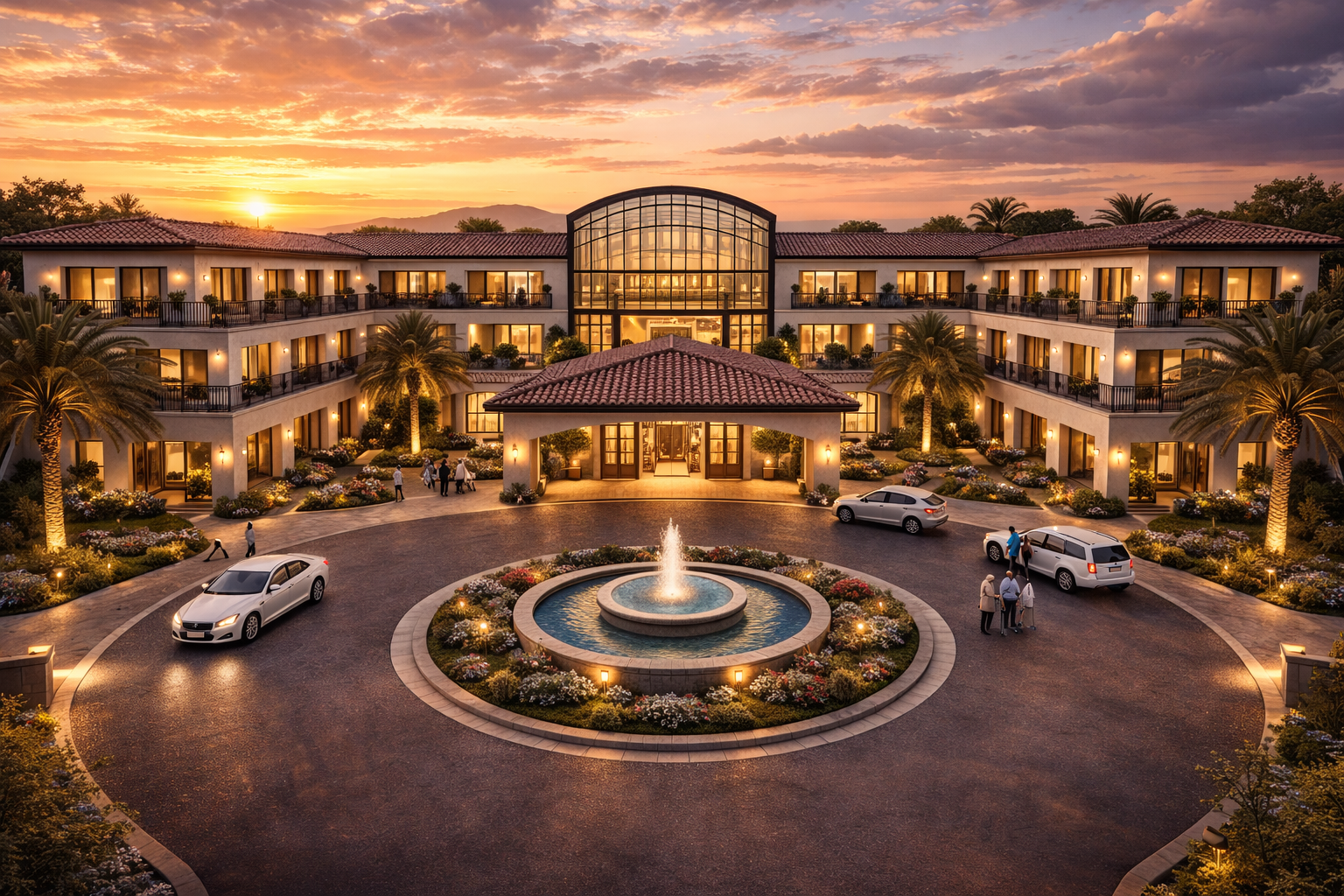 Luxury senior living resort entrance rendering featuring Mediterranean architecture, grand glass atrium lobby, circular driveway with fountain, covered porte cochère drop-off, landscaped gardens, and resort-style assisted living community design