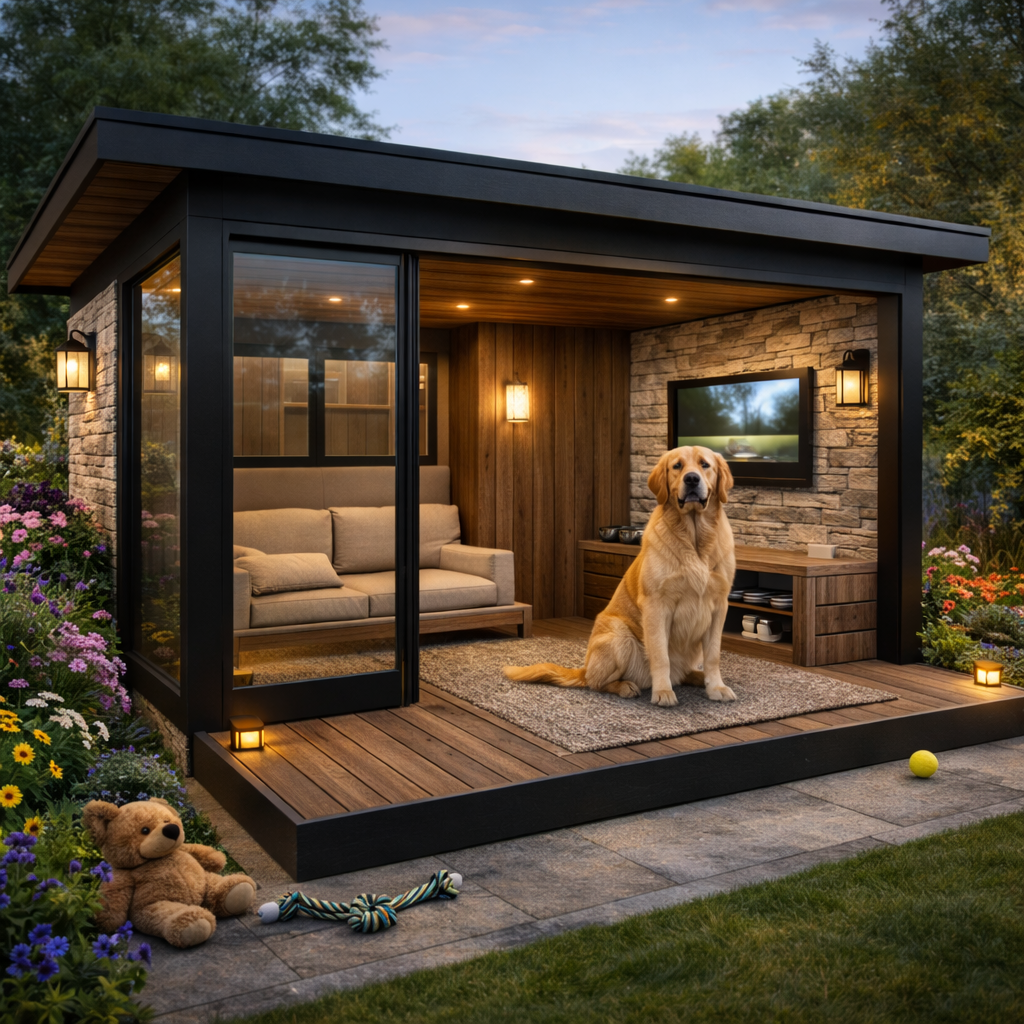 Luxury modern dog house blueprint by Studio Aurelia Plans featuring a contemporary backyard dog kennel pavilion with glass sliding doors, wood and stone exterior finishes, insulated interior lounge space, covered outdoor deck platform, landscaped garden setting, and high-end pet house architectural design ideal for custom luxury dog house construction and premium backyard kennel builds.