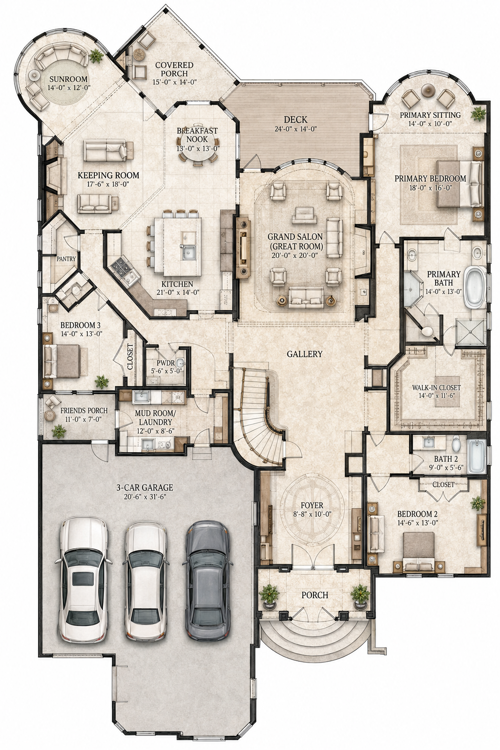 House floor plan with labeled rooms and spaces. Magnolia Estate Manor main level conceptual floor plan for a luxury 7-bedroom mansion with primary suite, grand salon, kitchen, dining, and garage.
