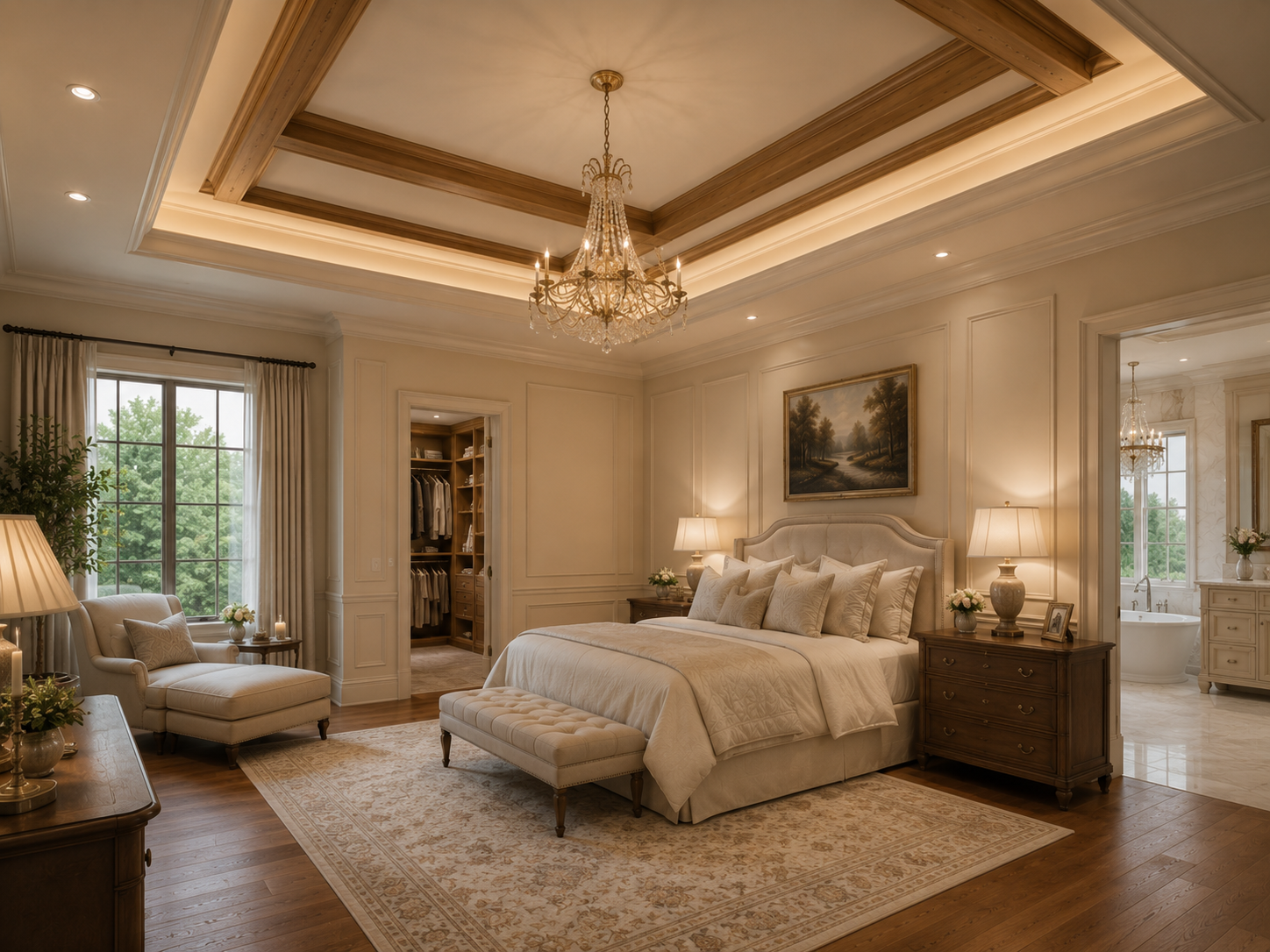 Luxurious bedroom with a chandelier, bed, and bathroom in the background. Luxury 7-bedroom mansion exterior concept for Magnolia Estate Manor with grand facade, refined rooflines, and estate-style curb appeal.