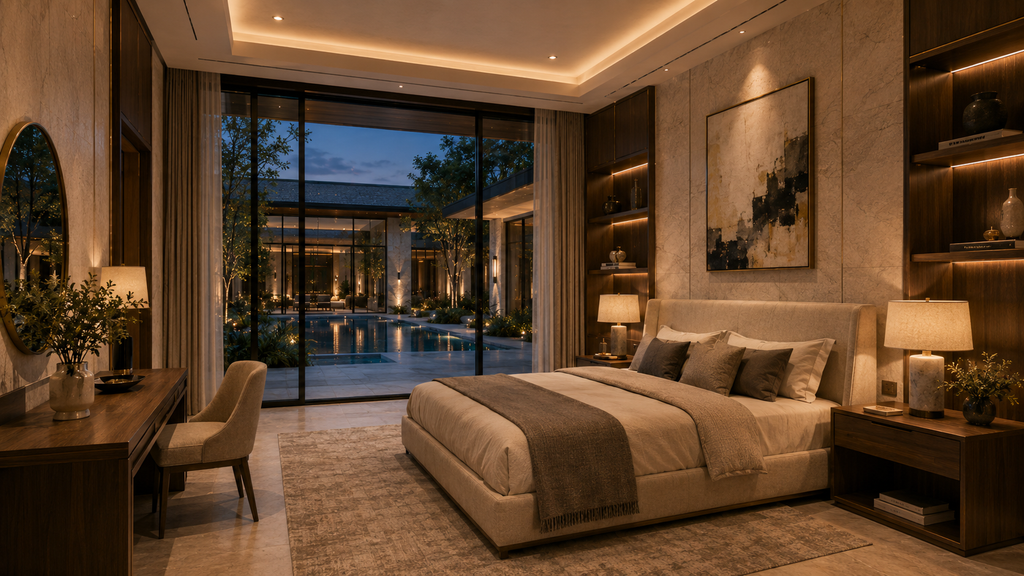 Original Helio Span House exterior rendering showing a luxury modern courtyard residence with stone cladding, glass bridge connection, pool axis, fire pit lounge, indoor-outdoor living, and contemporary mansion architecture.