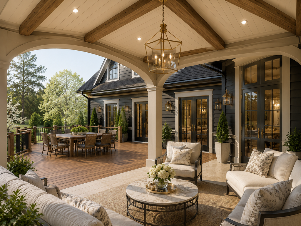 Outdoor patio area with seating, table, and house in the background. Magnolia Estate Manor digital blueprint bundle for luxury estate planning, architectural inspiration, builder meetings, and design development.