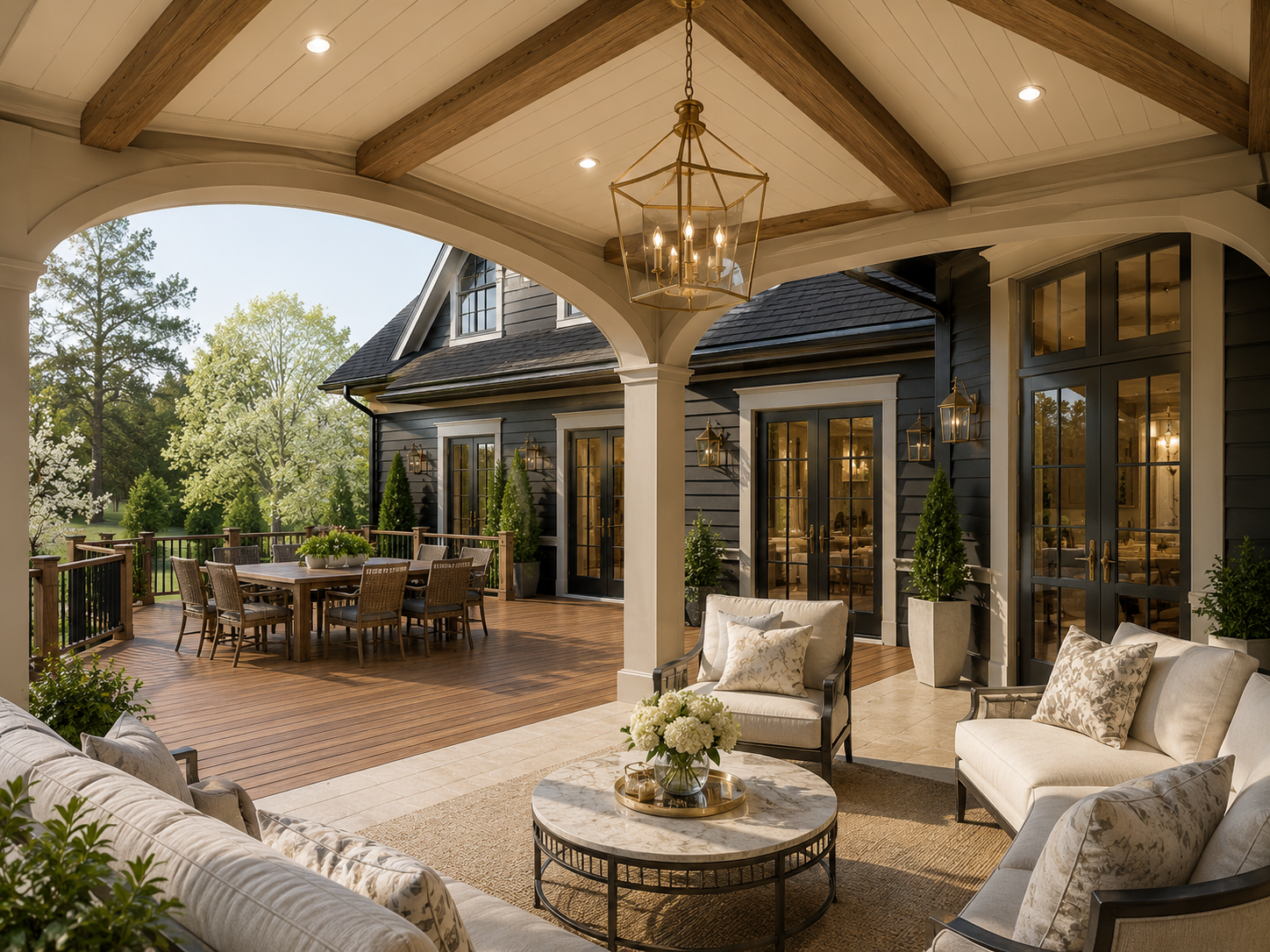 Outdoor patio area with seating, table, and house in the background. Magnolia Estate Manor digital blueprint bundle for luxury estate planning, architectural inspiration, builder meetings, and design development.