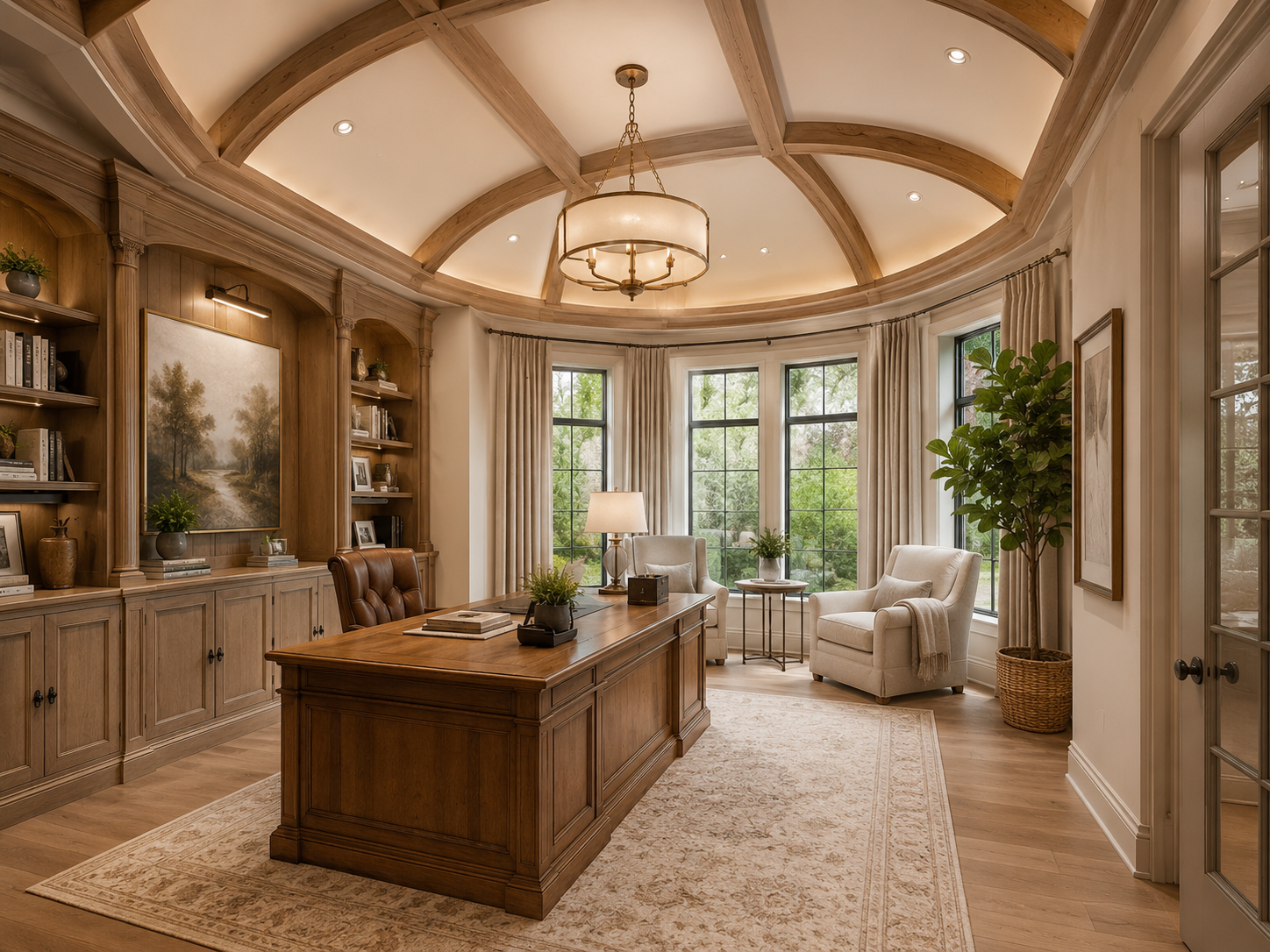 Luxurious home office with wooden desk, bookshelves, and large windows. High-end conceptual mansion floor plan package for Magnolia Estate Manor with builder handoff, CAD DXF files, and luxury renderings.