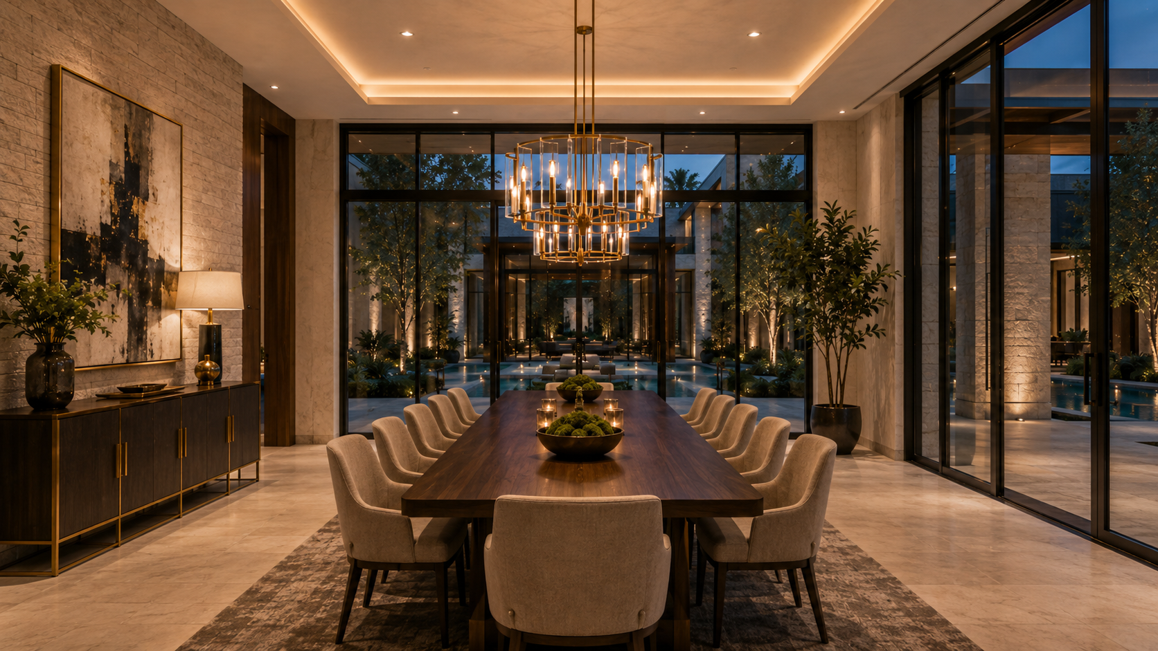 Modern dining room with a long table and chairs, large windows, and decorative elements. Original Helio Span House exterior rendering showing a luxury modern courtyard residence with stone cladding, glass bridge connection, pool axis, fire pit lounge, indoor-outdoor living, and contemporary mansion architecture.