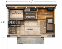 Detailed modern dog house blueprint floor plan showing sleeping area, feeding station, play area, climate control system, covered deck and accessory storage, insulated outdoor dog kennel design with dimensions, professional architectural plans for luxury heated and cooled dog house build