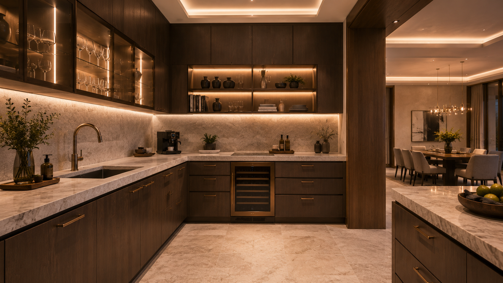 Modern kitchen with dark wood cabinets, marble countertops, and ambient lighting. Helio Span House original interior rendering showing grand foyer, double-height glass walls, natural stone columns, warm wood ceiling, courtyard view, luxury modern interiors, and resort-style indoor-outdoor living.