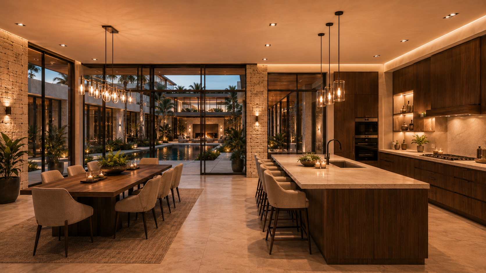 Modern kitchen with dining area and pool view. Original Helio Span House kitchen and dining rendering showing luxury open-plan kitchen, large island, warm wood cabinetry, marble countertops, pendant lighting, courtyard pool view, and modern mansion interior design.