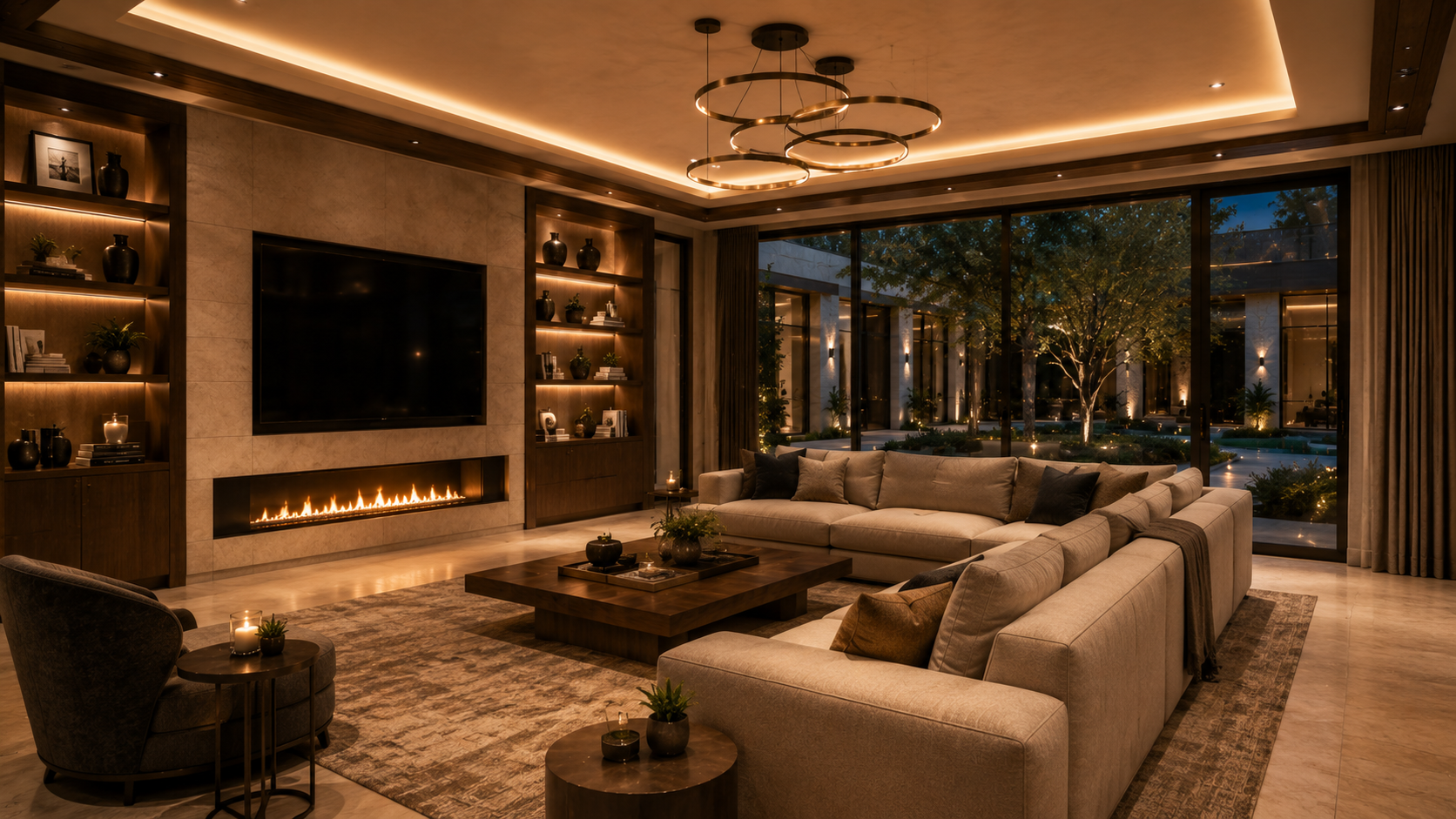 Modern living room with a large sofa, coffee table, and wall-mounted TV. Original Helio Span House living room rendering featuring pool courtyard view, large glass doors, modern fireplace, built-in shelving, warm lighting, neutral luxury furniture, and elegant contemporary estate interiors.