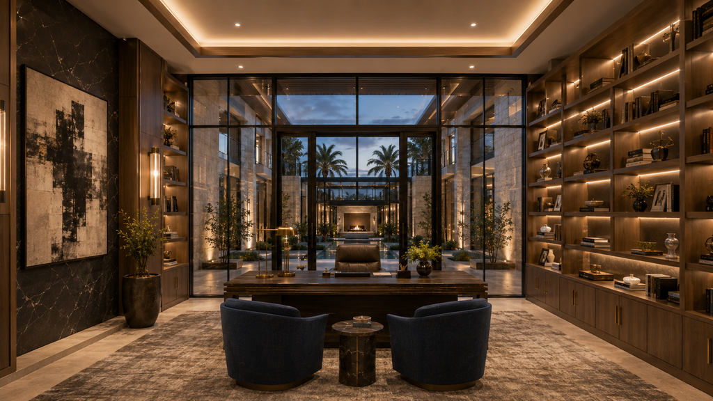 Luxurious interior with dark furniture and large windows overlooking palm trees Original and reversed floor plan comparison for Helio Span House showing mirrored room relationships, garage placement, courtyard sequence, kitchen zones, lounge area, foyer, and luxury conceptual blueprint design.