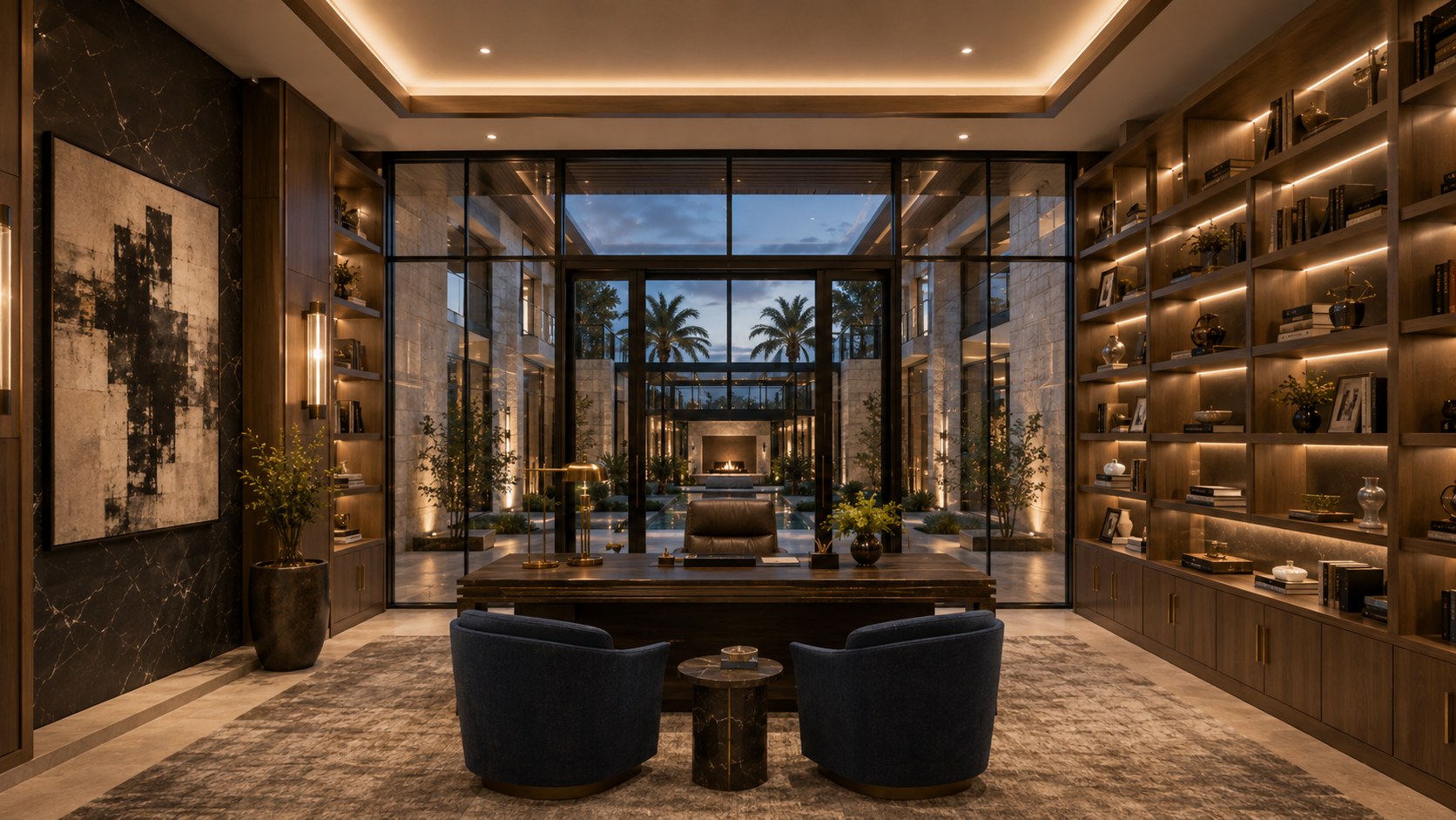 Luxurious interior with dark furniture and large windows overlooking palm trees Original and reversed floor plan comparison for Helio Span House showing mirrored room relationships, garage placement, courtyard sequence, kitchen zones, lounge area, foyer, and luxury conceptual blueprint design.