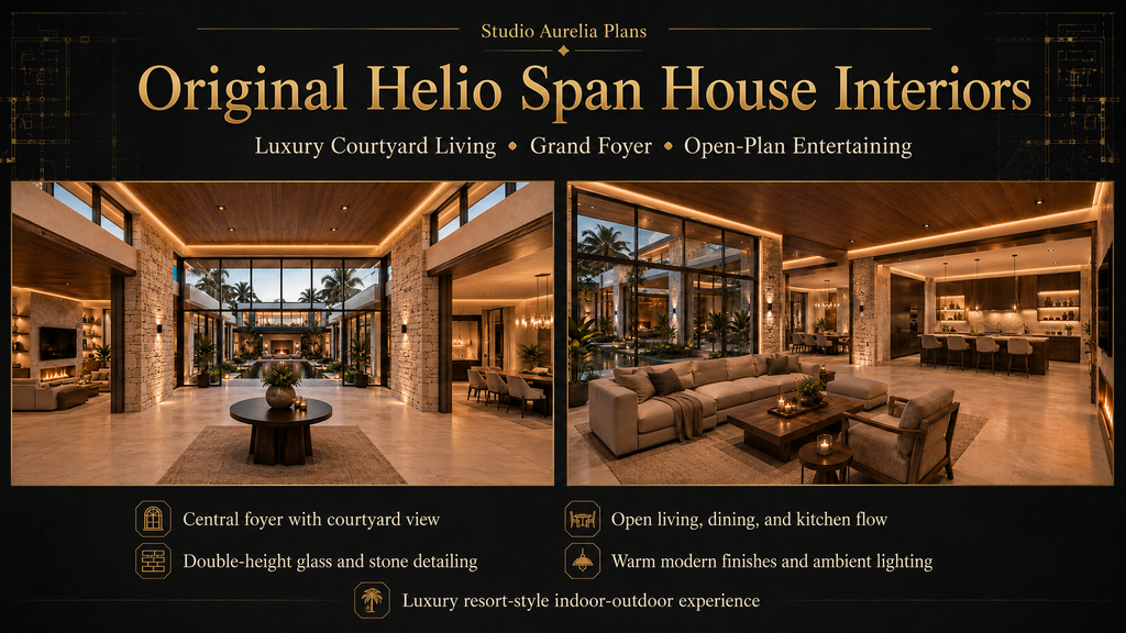 Advertisement for Original Helio Span House Interiors with interior design features highlighted. Helio Span House package highlights graphic showing original and reversed conceptual floor plans, luxury courtyard residence, interior and exterior inspiration, structural concept drawings, and presentation-ready blueprint package.