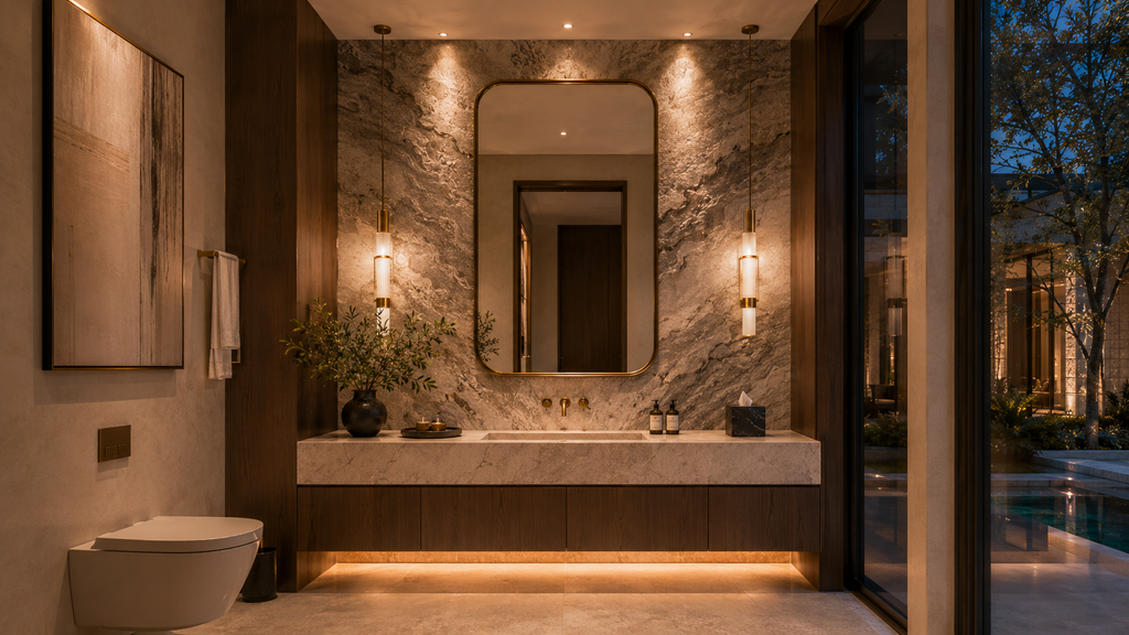 Helio Span House advanced conceptual blueprint package with original floor plan and reversed floor plan edition, luxury modern estate exterior, central courtyard, resort-style pool, and high-end architectural plan design.