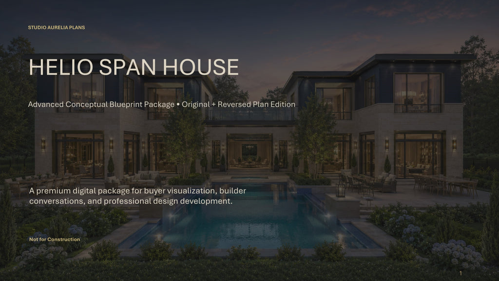 Helio Span House marketing image for luxury home plan package showing modern estate exterior, original vs reversed layout options, courtyard-centered living, indoor-outdoor design, and architectural blueprint tour.